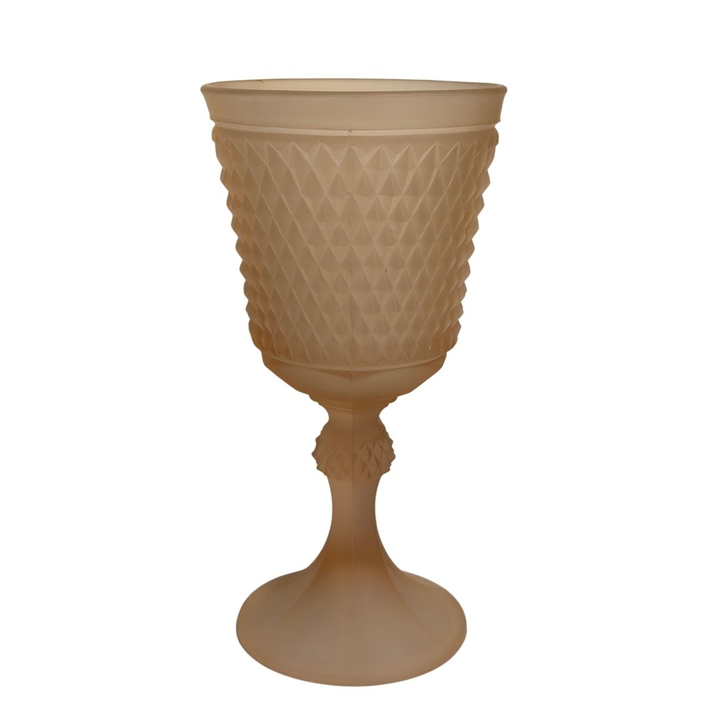 VTG Indiana Frosted Peach Glass Goblet Diamond Point Chalice Vase Pink MCM Deco
